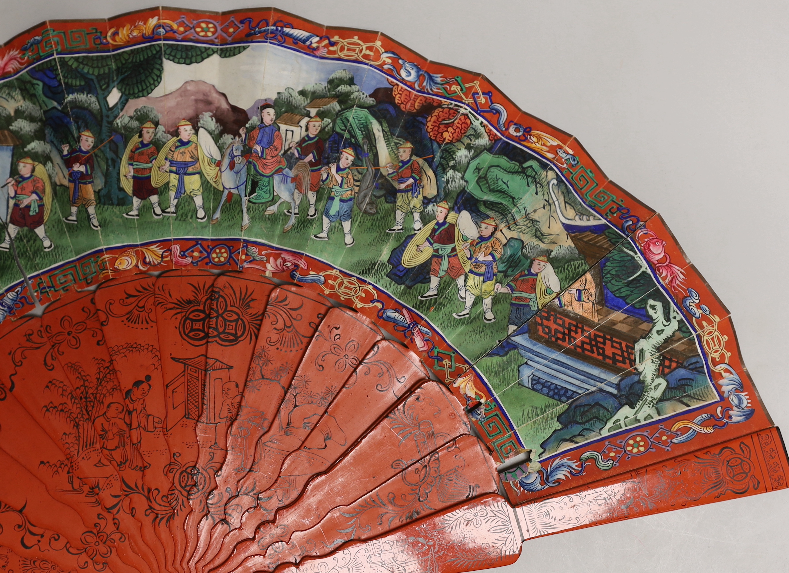 A Chinese hand painted figural fan with applied ivory faces and red lacquered guards, and boxed both damaged CITES Submission reference ERW33PQG